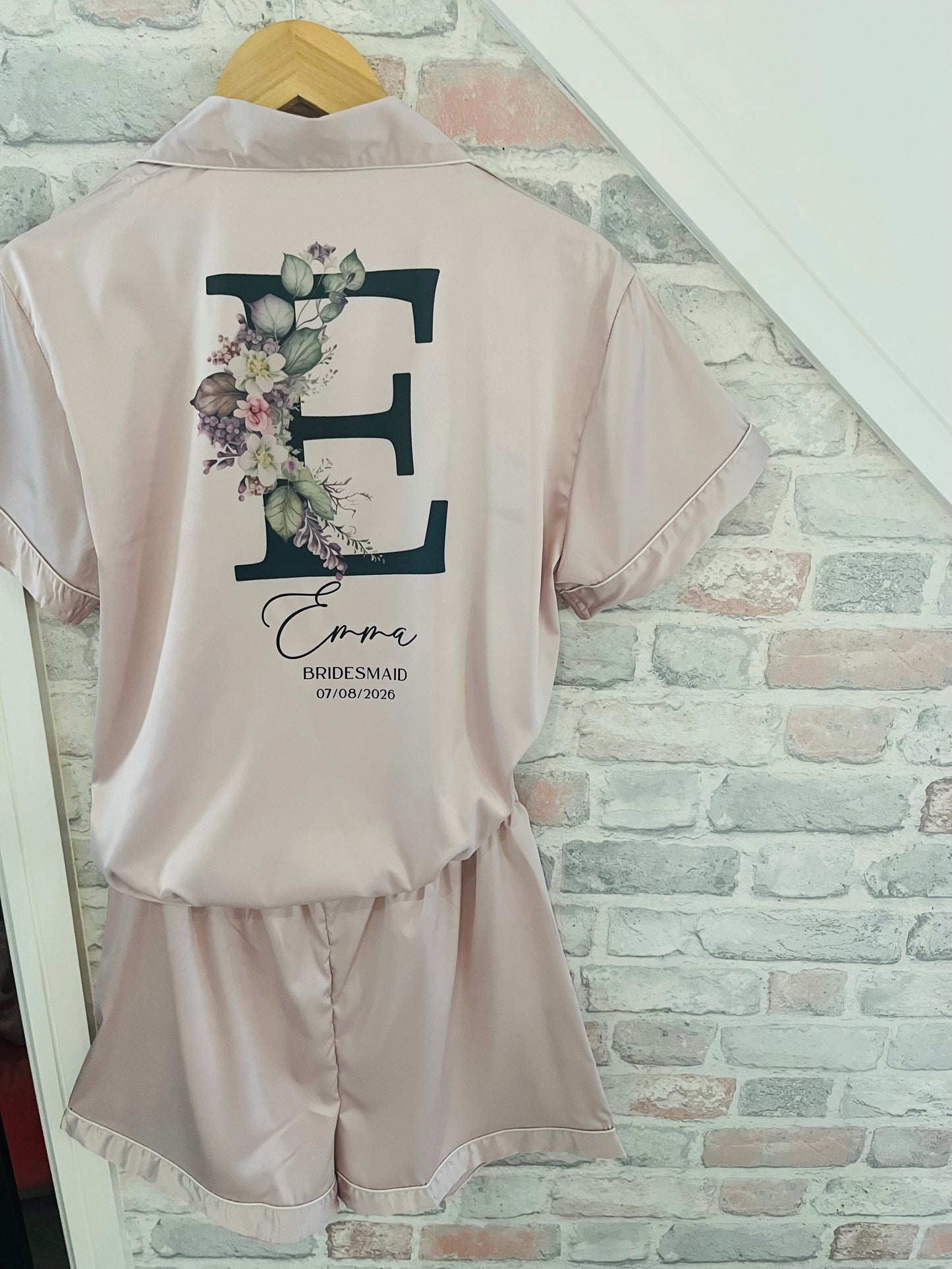 Personalised Satin Bridesmaid Pjs - Black Floral Initial Design - Adults