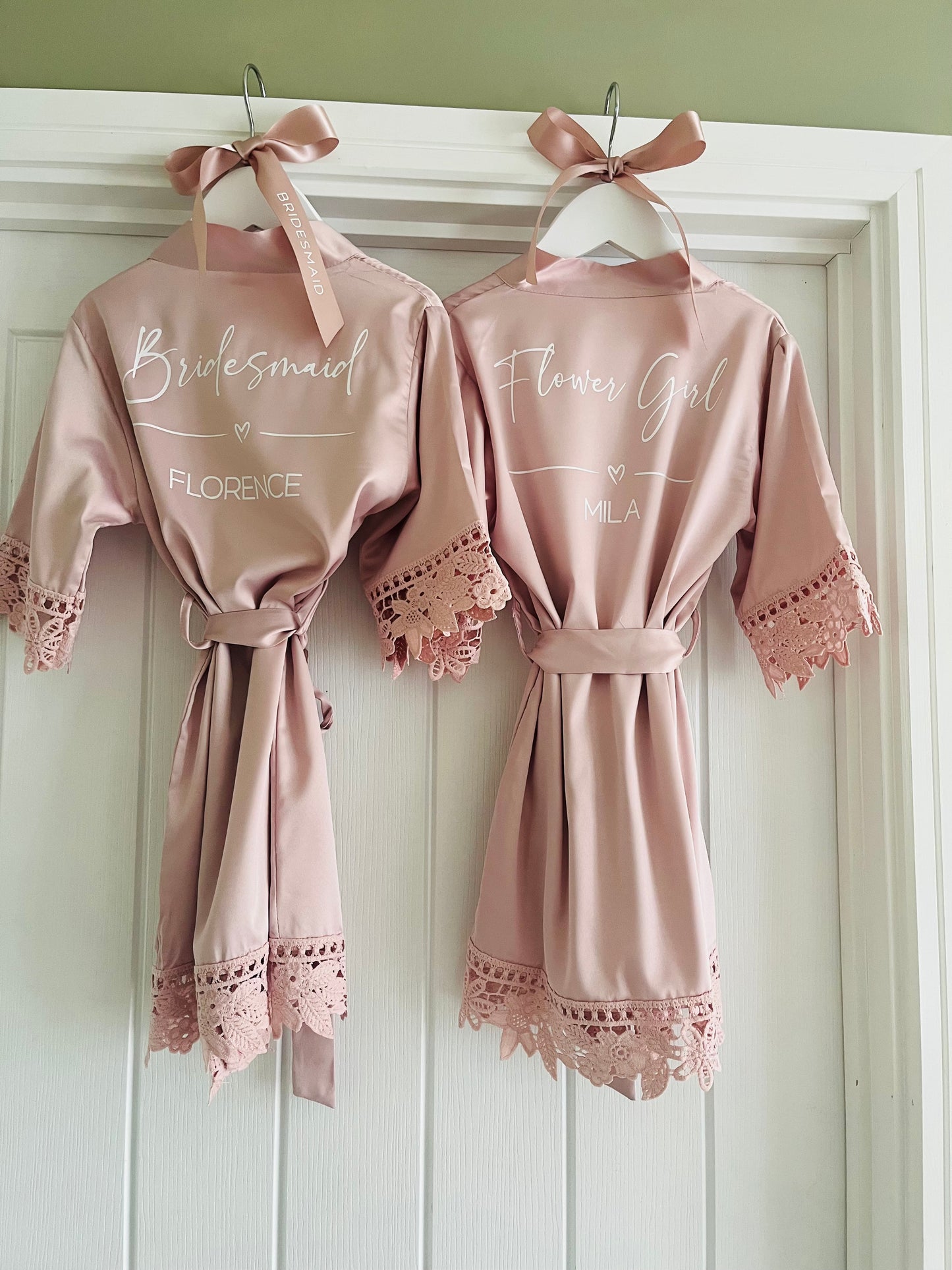 Lace Trim Bridesmaid Satin Robe - Text Design