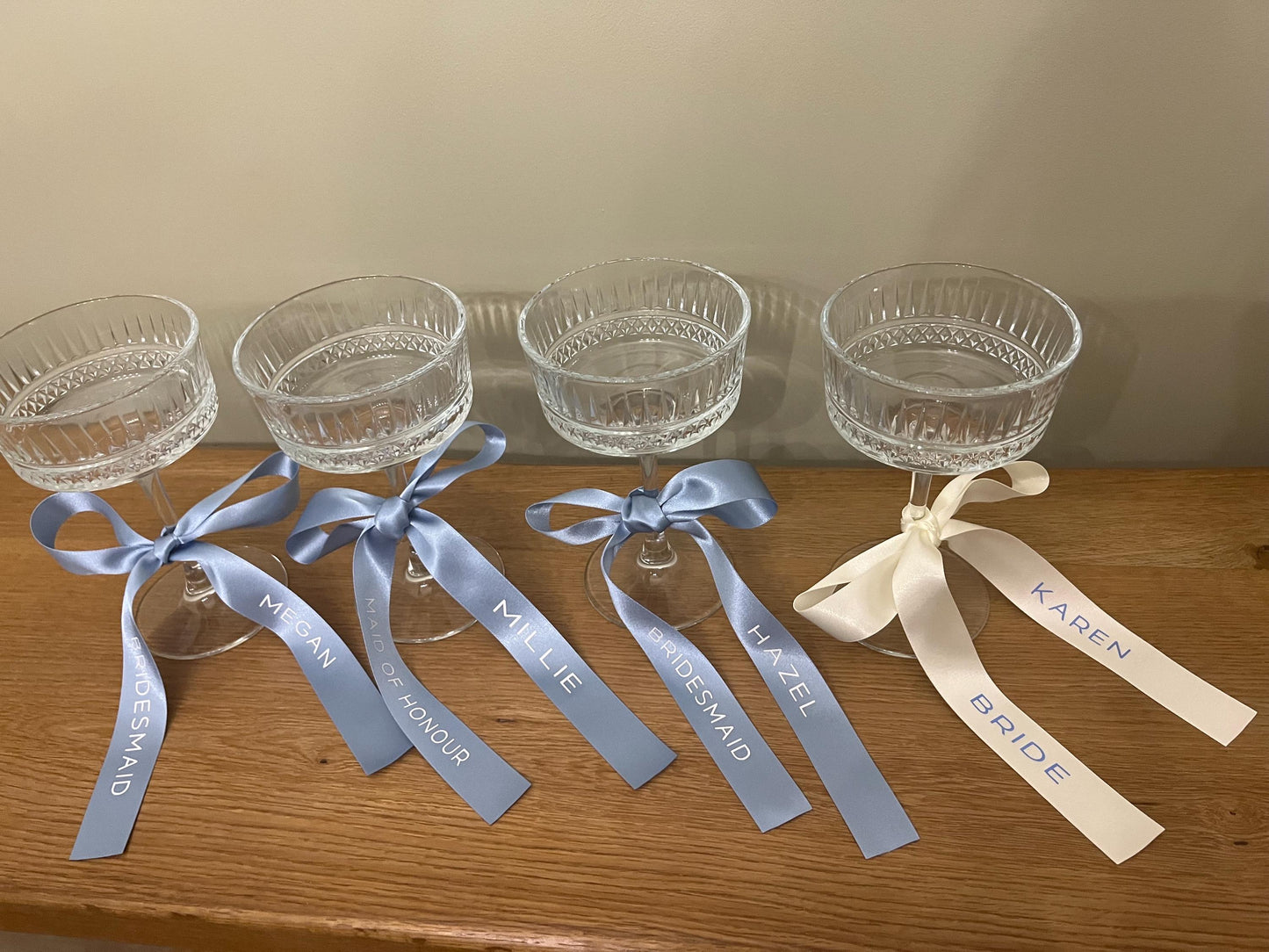 Personalised FRENCH Blue  Ribbon For Bridesmaid Champagne Coupe Glass