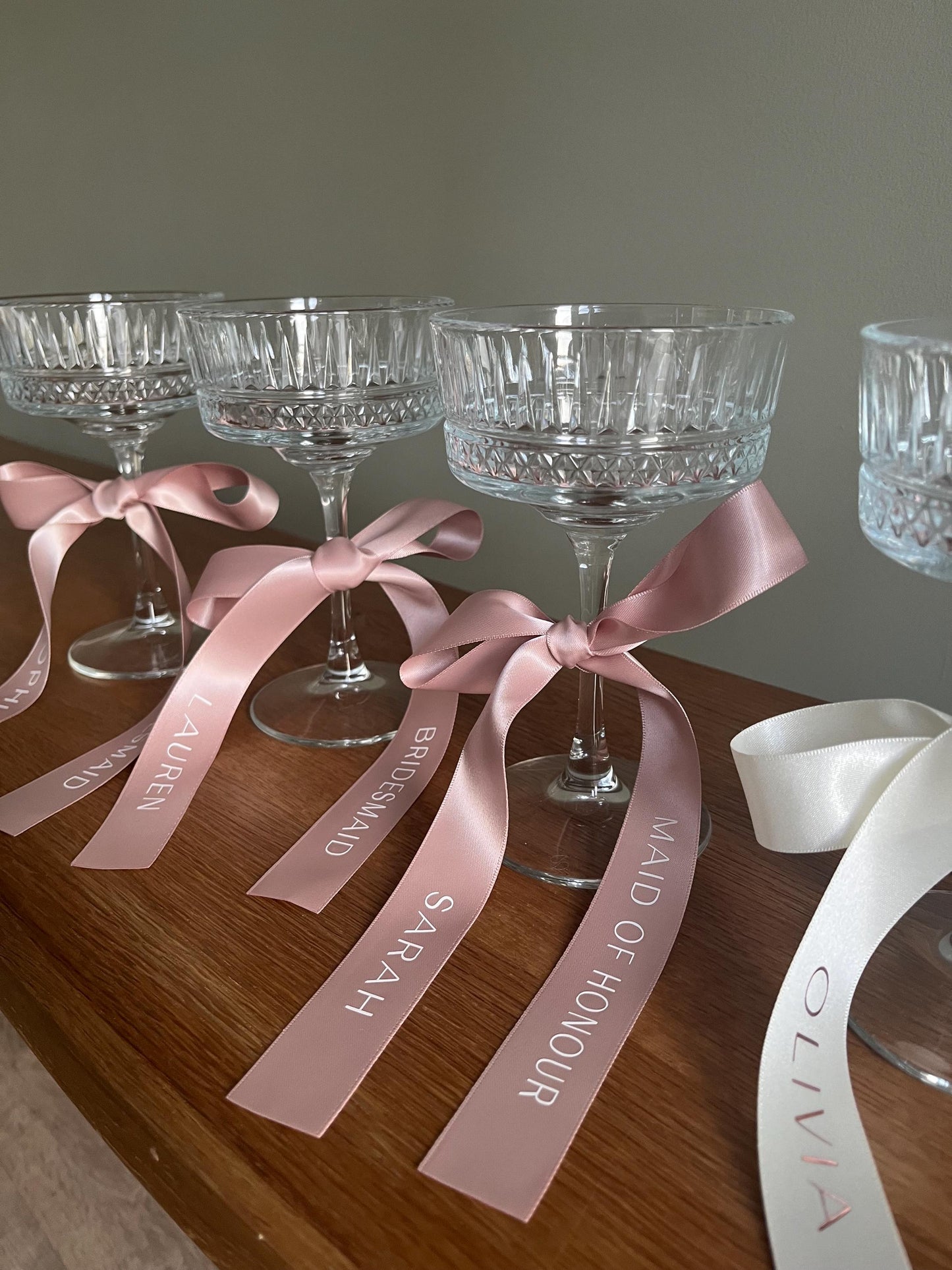 Nude Pink Bridesmaid Personalised Ribbons for Champagne Coupe