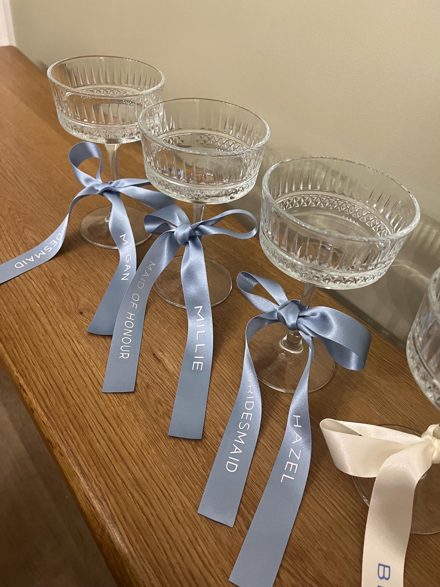 Personalised FRENCH Blue  Ribbon For Bridesmaid Champagne Coupe Glass