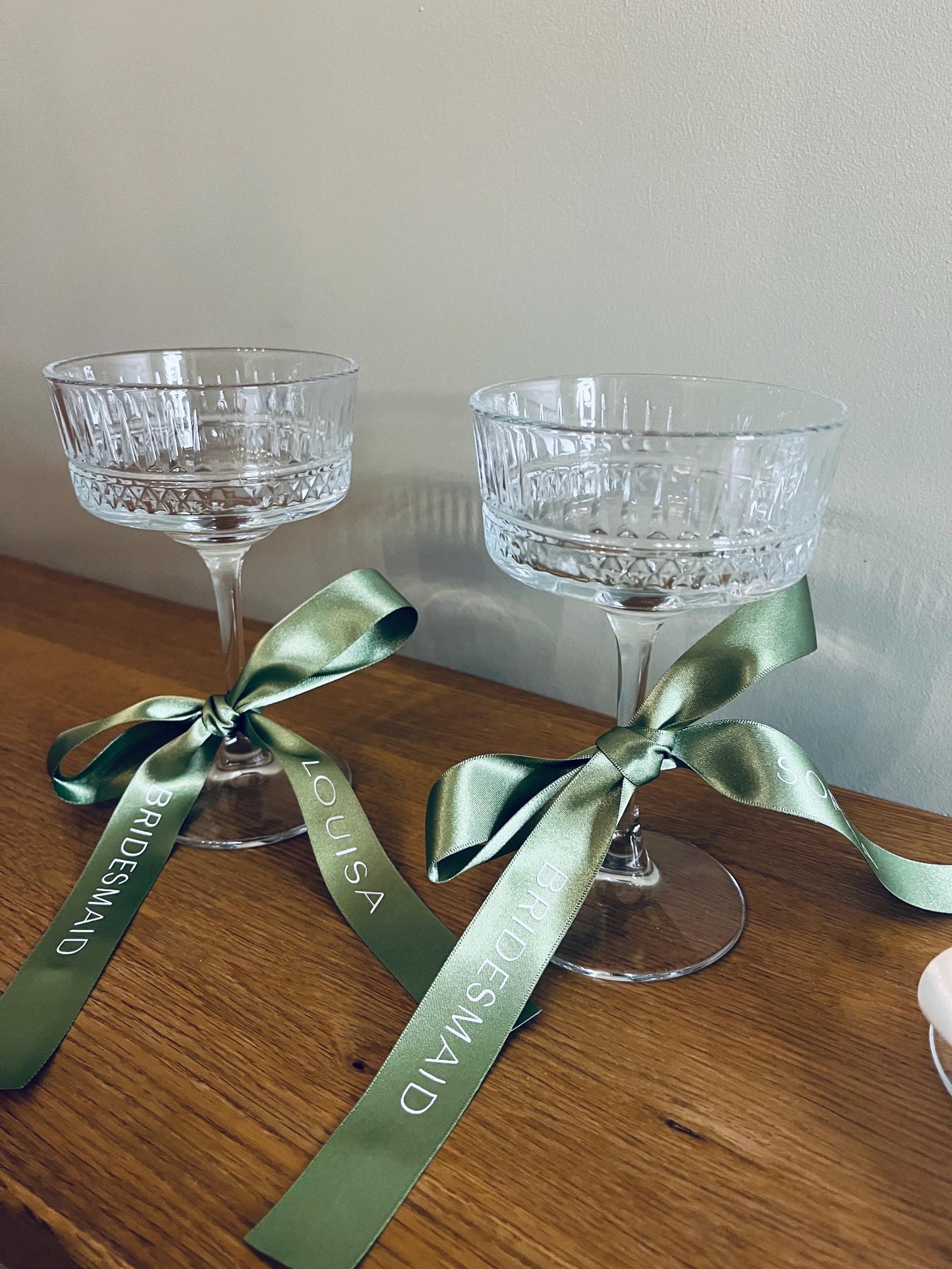 Sage Bridesmaid Personalised Ribbon for Champagne coupe Glass