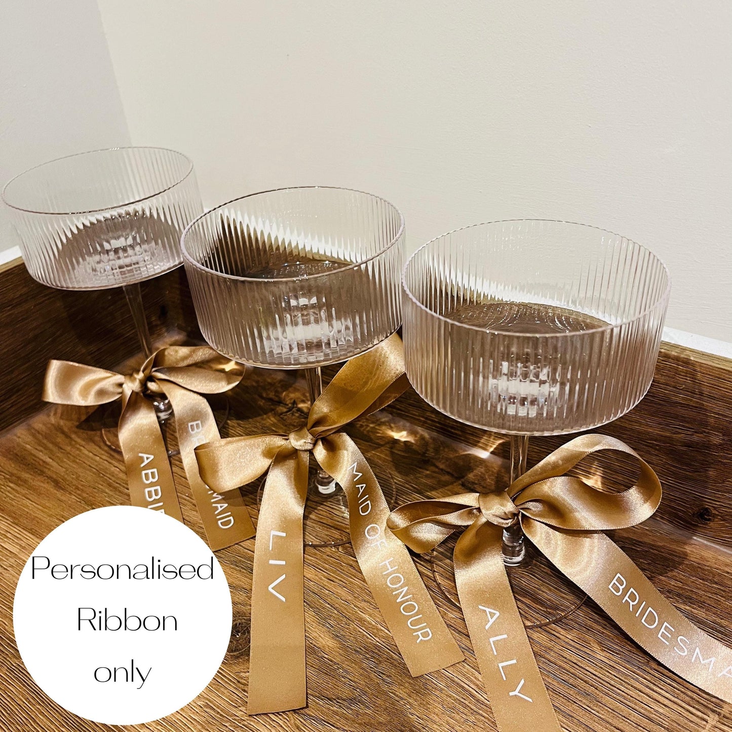 Personalised Gold Ribbon For Champagne Coupe Glass - Bridesmaid Gift - Bridesmaid flute - Personalised Ribbons - Bride Ribbon