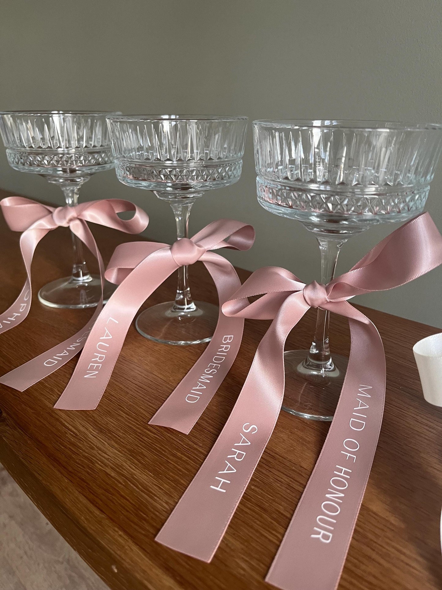 Nude Pink Bridesmaid Personalised Ribbons for Champagne Coupe